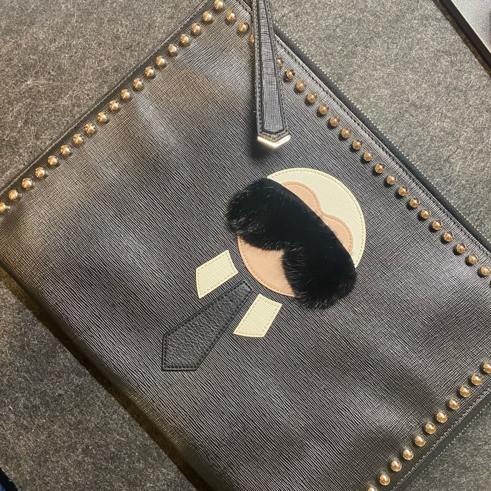 FENDI Black Saffiano Leather Karlito Flat Clutch Bag